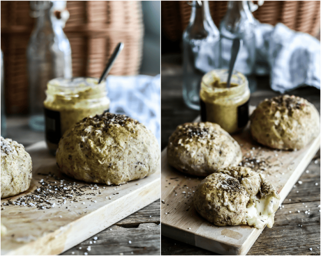 Grove brød med mozzarellakugler, timian og sennep