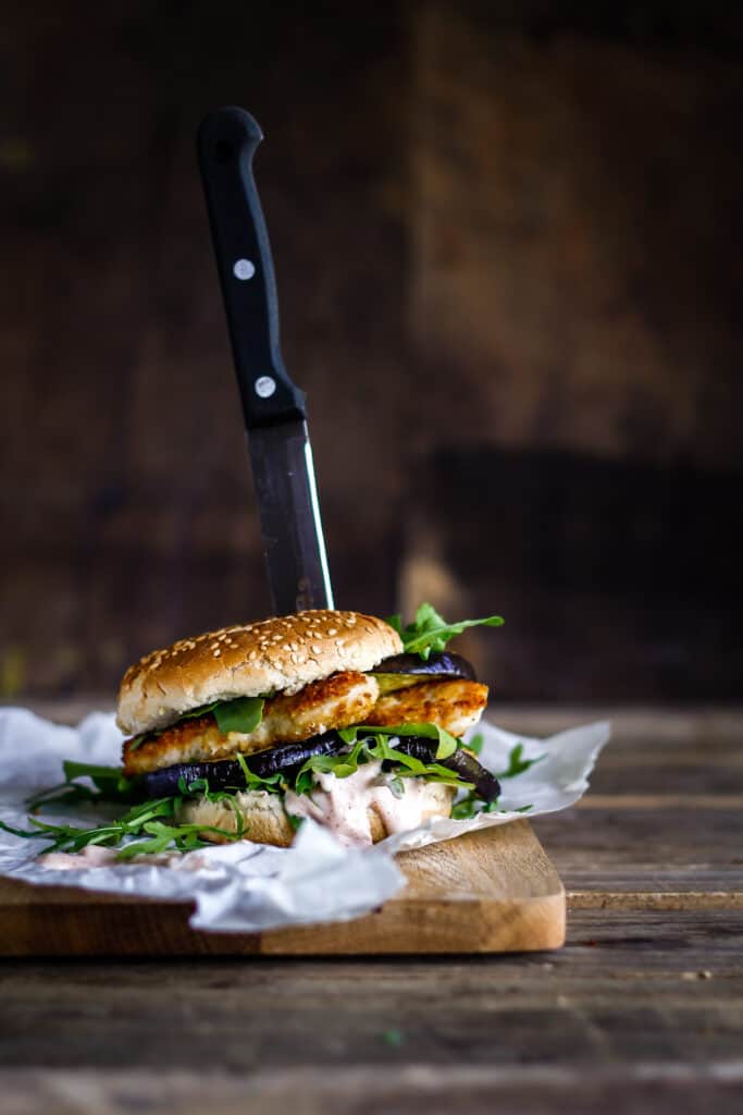 kyllingeburger med aubergine - burgeropskrift